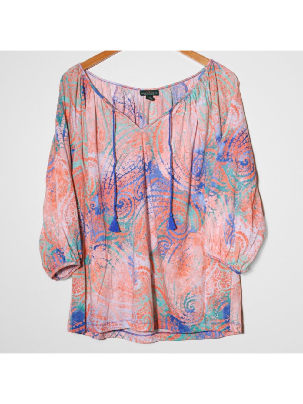 LRL Lauren Jeans Co. Tassel Tie Neck Popover Top Paisley Coral Blue Size L - Picture 2 of 6